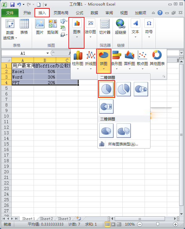 使用Excel2010如何制作簡單扇形統計圖?
