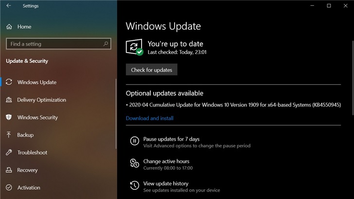 win10 1909更新補(bǔ)丁KB4550945可選推送 修復(fù)大量漏洞