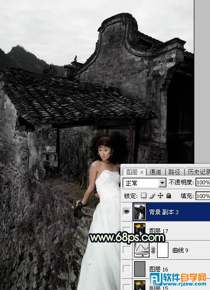 PS給在古建筑拍的婚紗照調出高對比霞光色